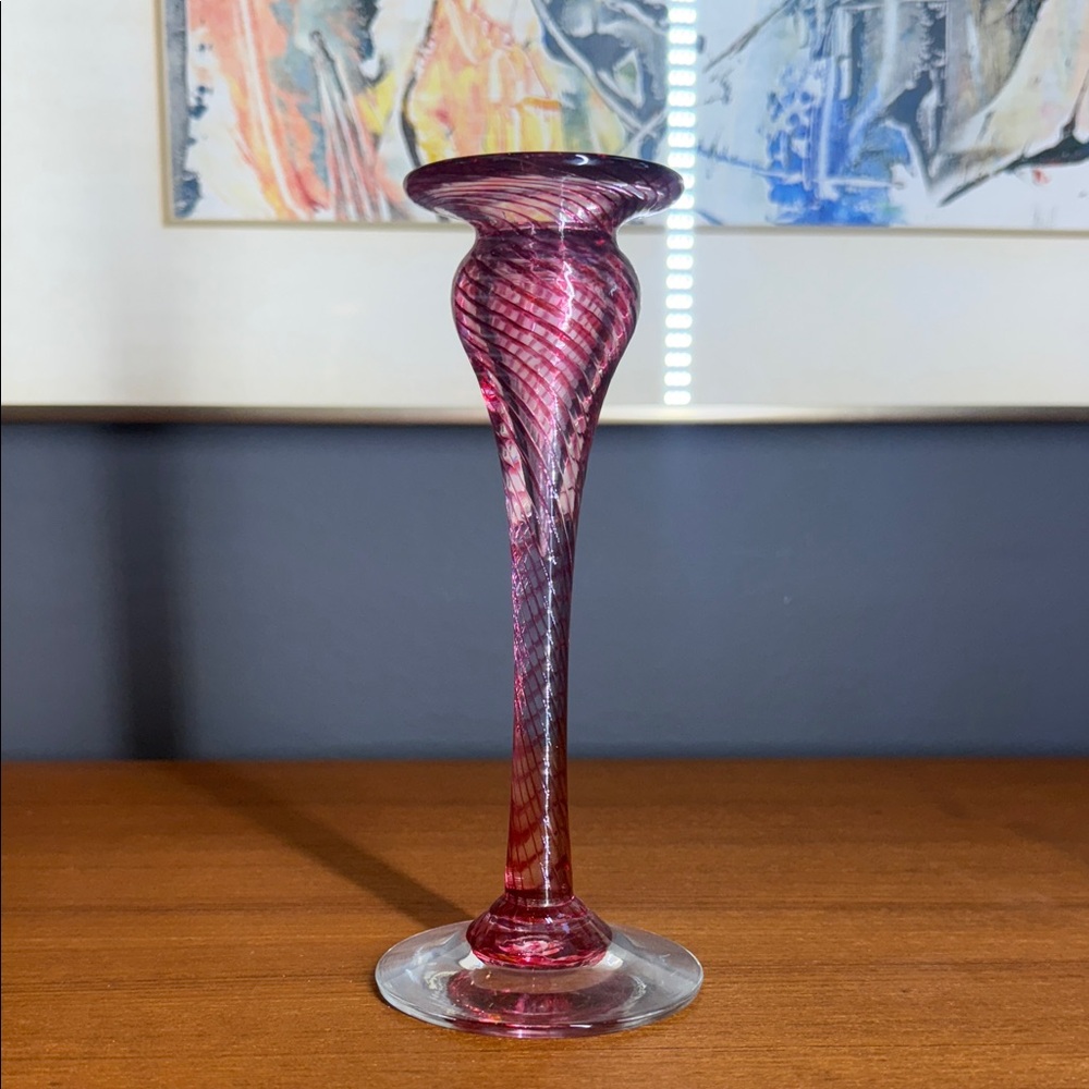 Elegant Pink Glass candle stick handmade handblown glass art